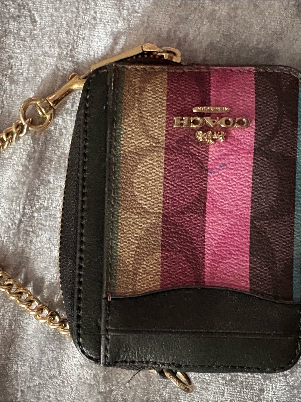 EUC Coach Multicolor Stripe Card Holder with Gold Chain